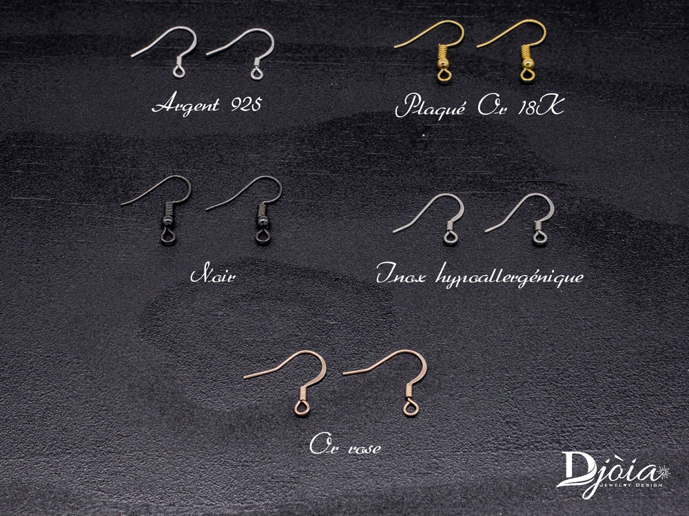 Attaches métalliques boucles d'oreilles bois DHLaser Design modèle Sirius, cinq finitions argent or noir inox or rose, fond noir