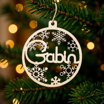Boule de Noël personnalisée avec prénom en bois, étui cadeau en option