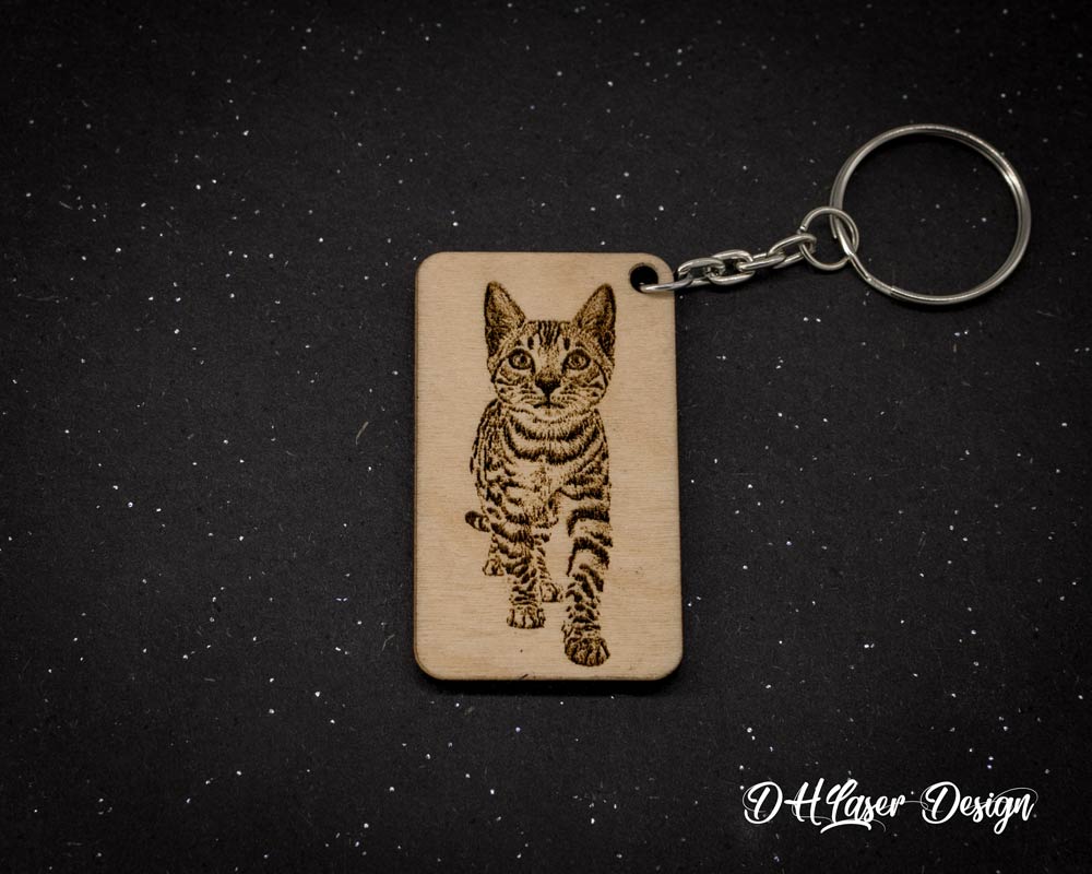 Porte clé photo personnalisé en bois rectangle DHLaser Design gravure laser chat qui marche