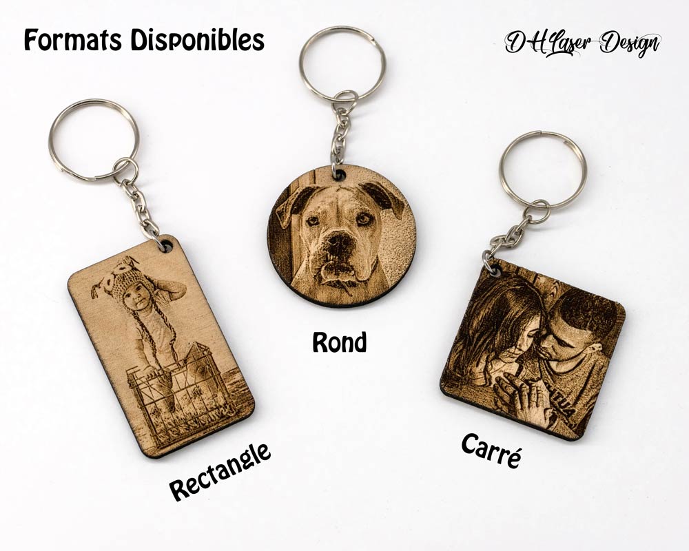 Porte clé photo personnalisé en bois DHLaser Design trois formats rectangulaire rond et carré gravés sur fond blanc