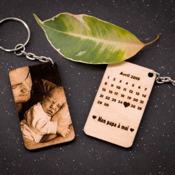 Porte clés calendrier personnalisé en bois avec photo et texte pour événement avec une date importante