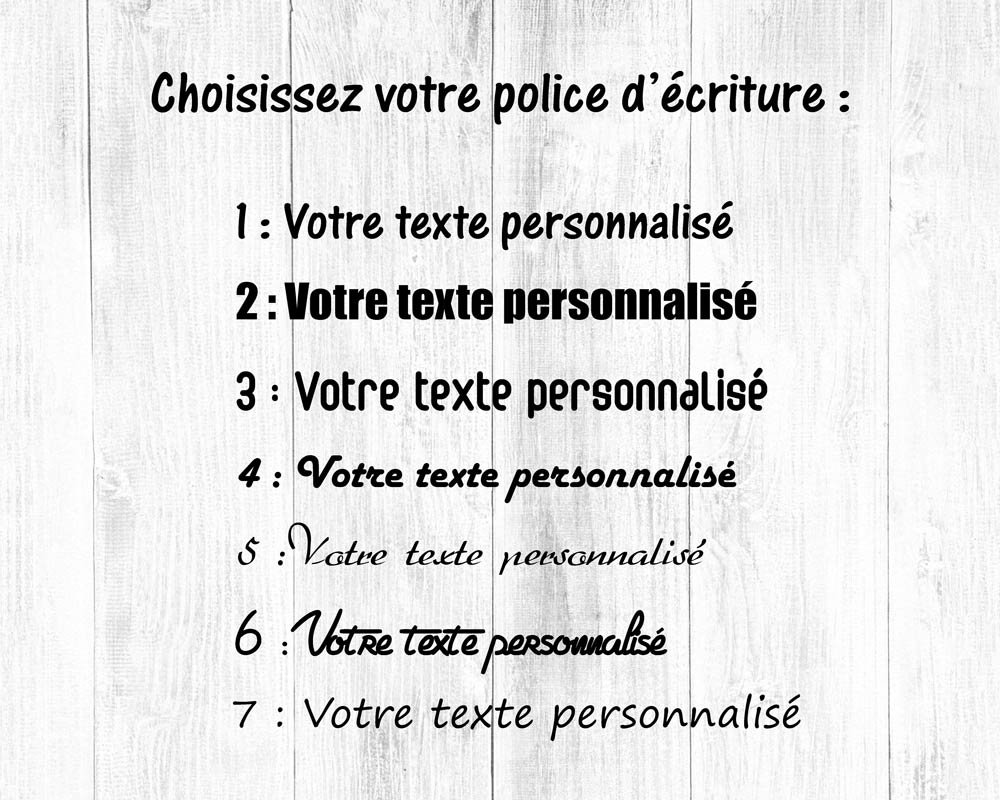 Choix de 7 polices d'écriture pour porte clé personnalisable en bois DHLaser Design aperçu des styles de gravure texte sur fond bois clair