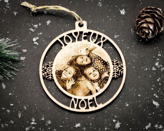 Boule de Noël personnalisée en bois "joyeux Noël"avec gravure photo et